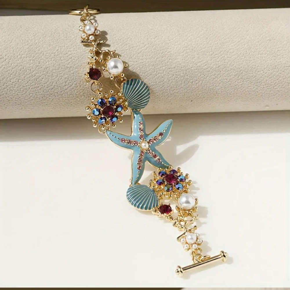 Starfish Bracelet with Gold and Blue Accents Fashion Jewelry Ocean Theme - Picture 2 of 4